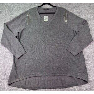 Nick Verreos 3X Gray V-Neck Sweater Studded Shoulders Hi-Low Hem Soft Knit NWT